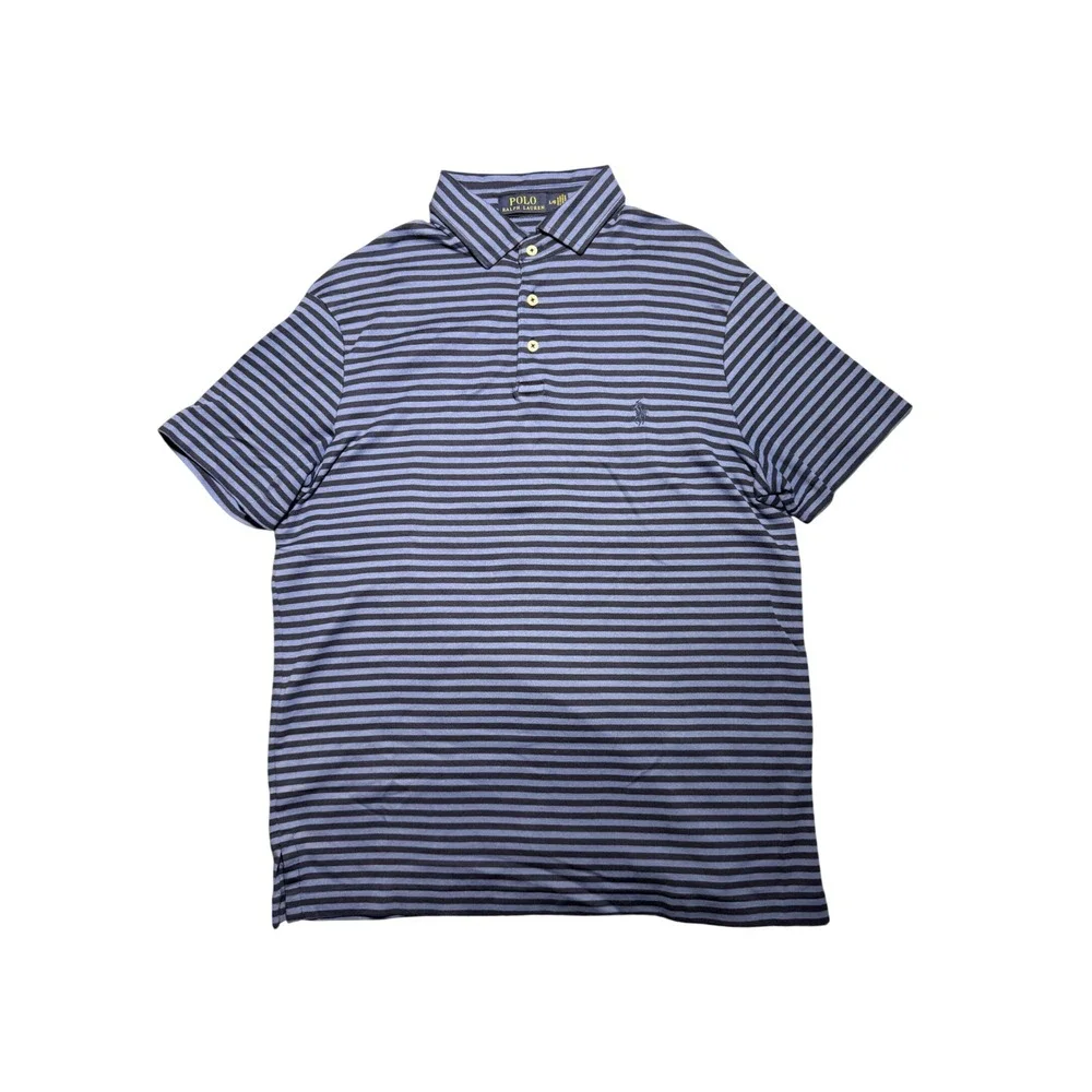 Polo Ralph Lauren Mens Large Blue Navy Striped Short Sleeve Polo Shirt Pony Logo